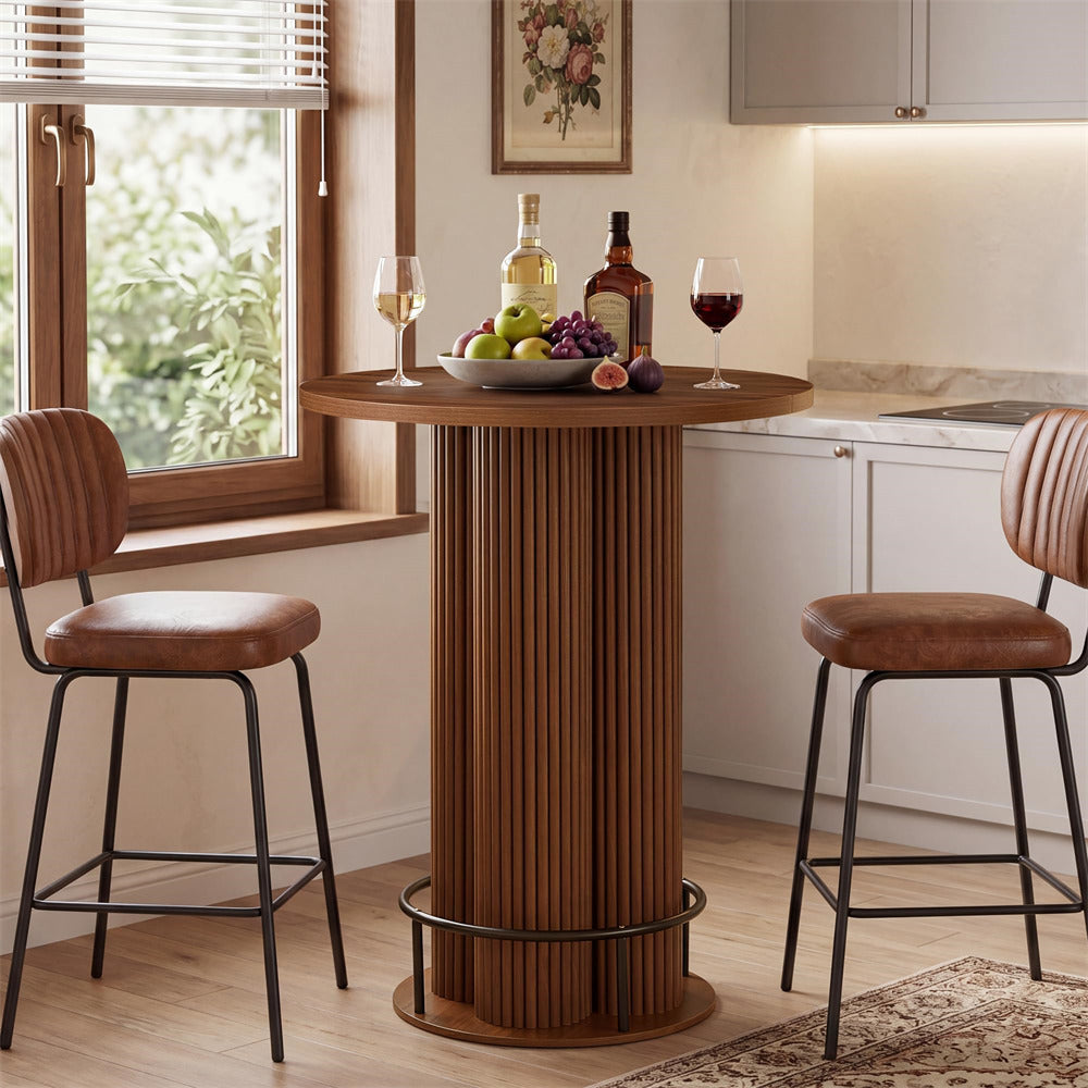 Walnut 39.37" H Wood Fluted Round Bar Table with Base & Metal Ring Footrest