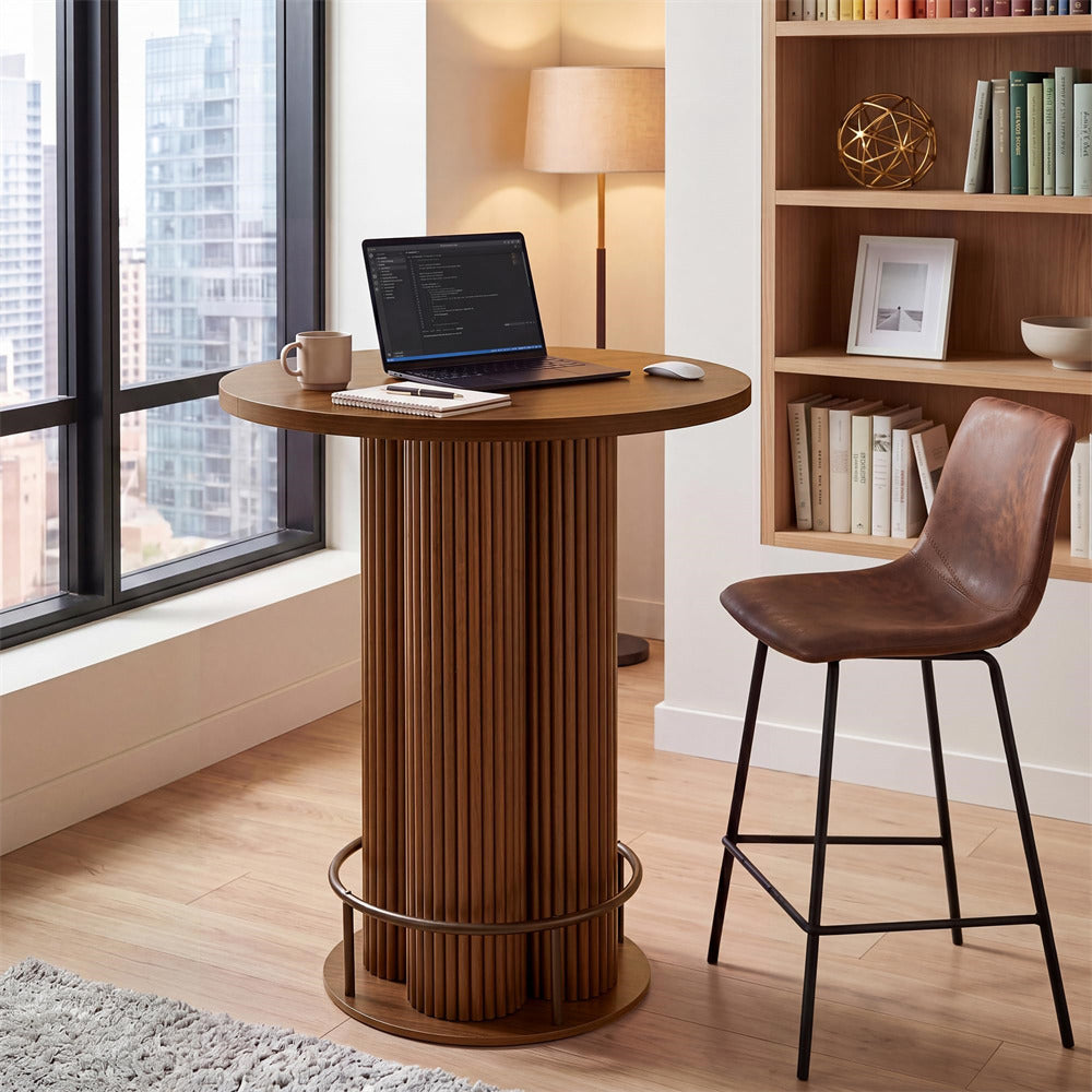 Walnut 39.37" H Wood Fluted Round Bar Table with Base & Metal Ring Footrest