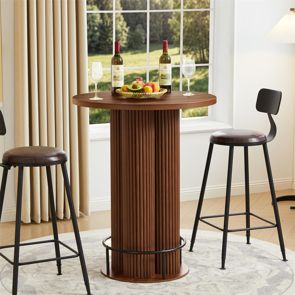 Walnut 39.37" H Wood Fluted Round Bar Table with Base & Metal Ring Footrest