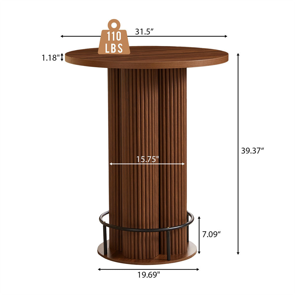 Walnut 39.37" H Wood Fluted Round Bar Table with Base & Metal Ring Footrest
