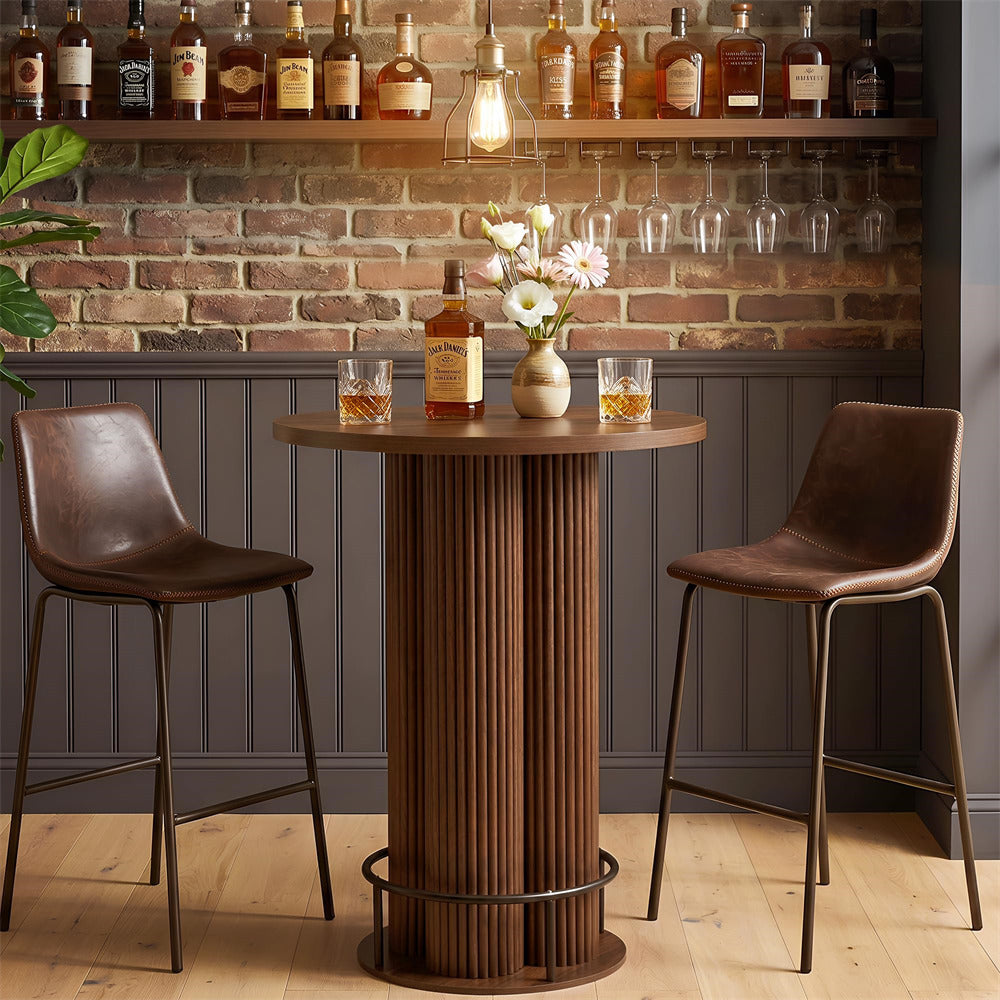Walnut 39.37" H Wood Fluted Round Bar Table with Base & Metal Ring Footrest