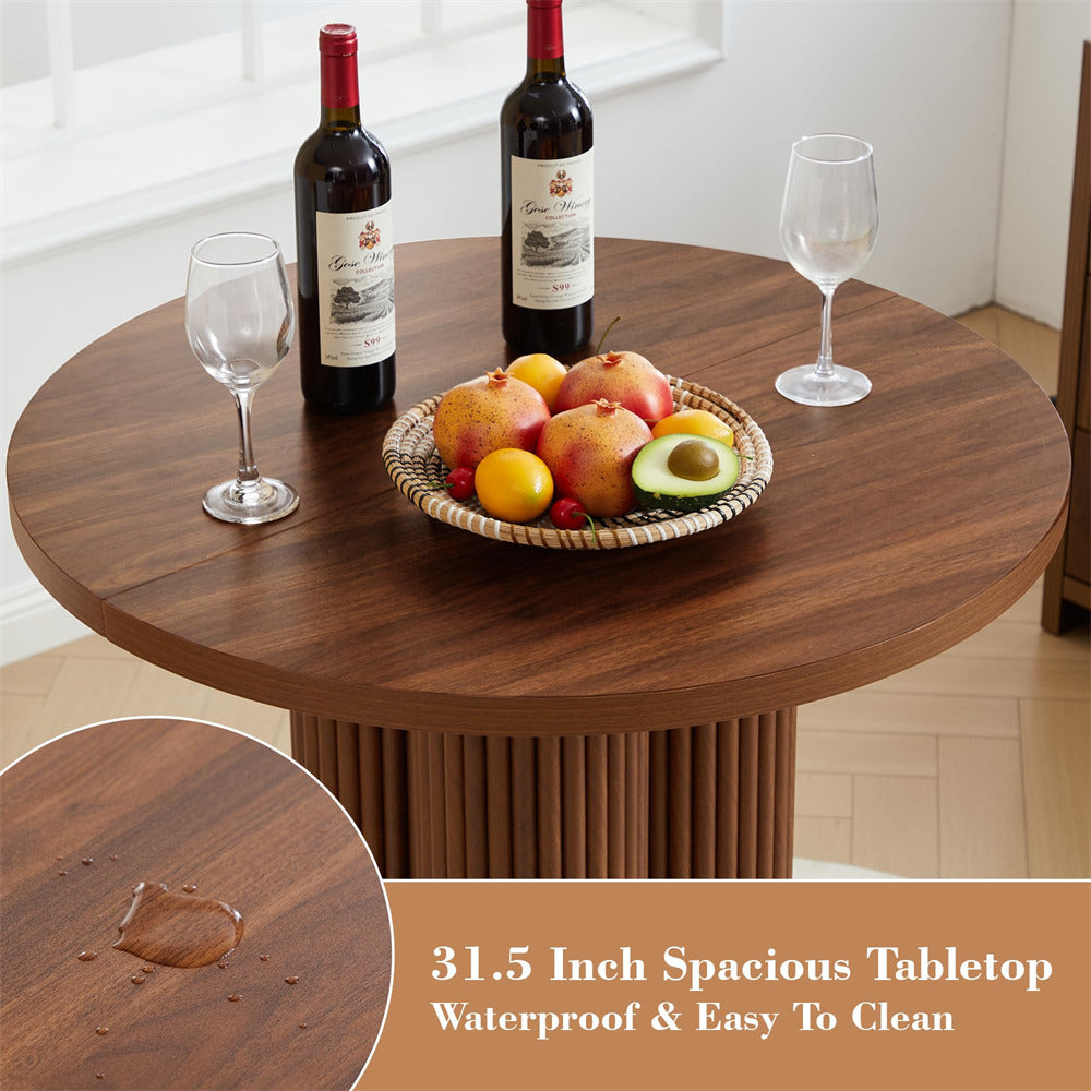 Walnut 39.37" H Wood Fluted Round Bar Table with Base & Metal Ring Footrest