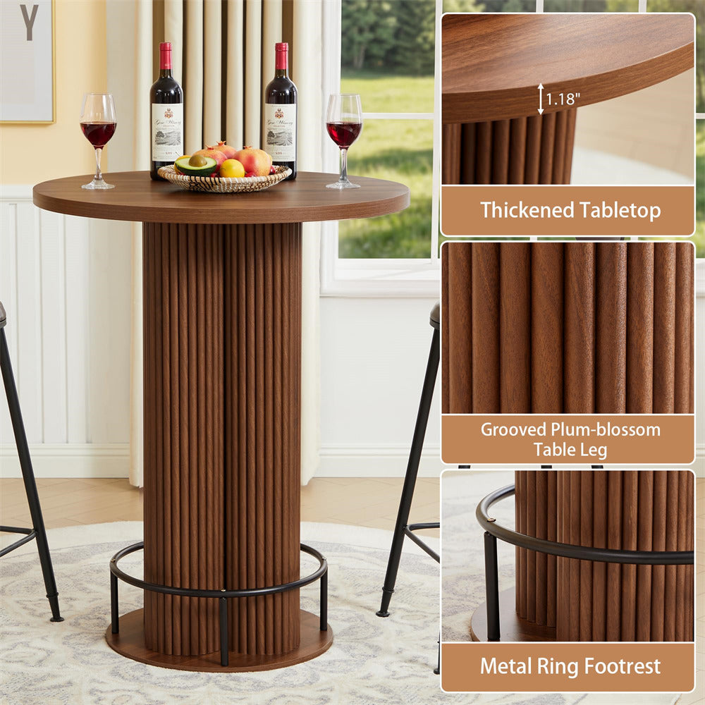 Walnut 39.37" H Wood Fluted Round Bar Table with Base & Metal Ring Footrest