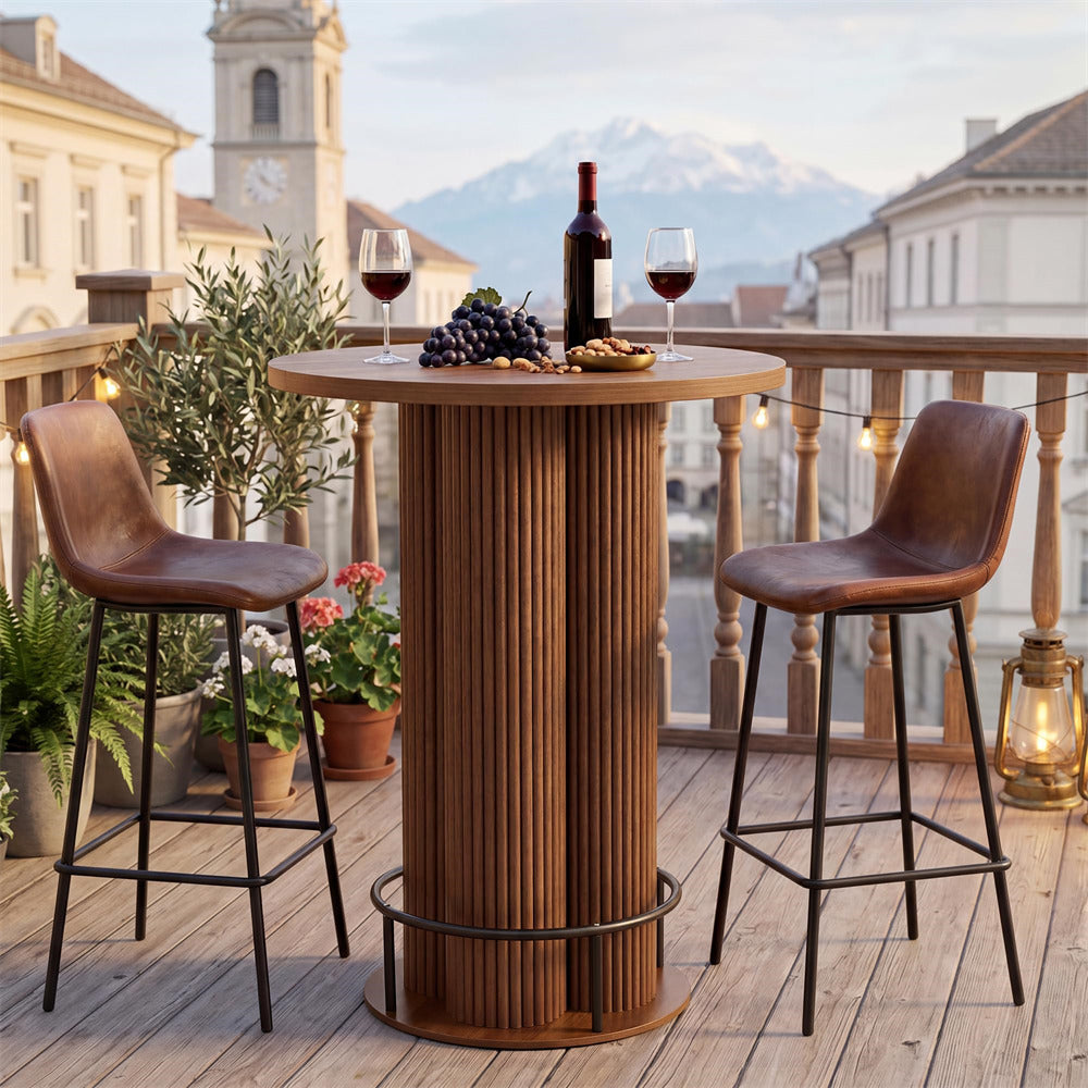 Walnut 39.37" H Wood Fluted Round Bar Table with Base & Metal Ring Footrest