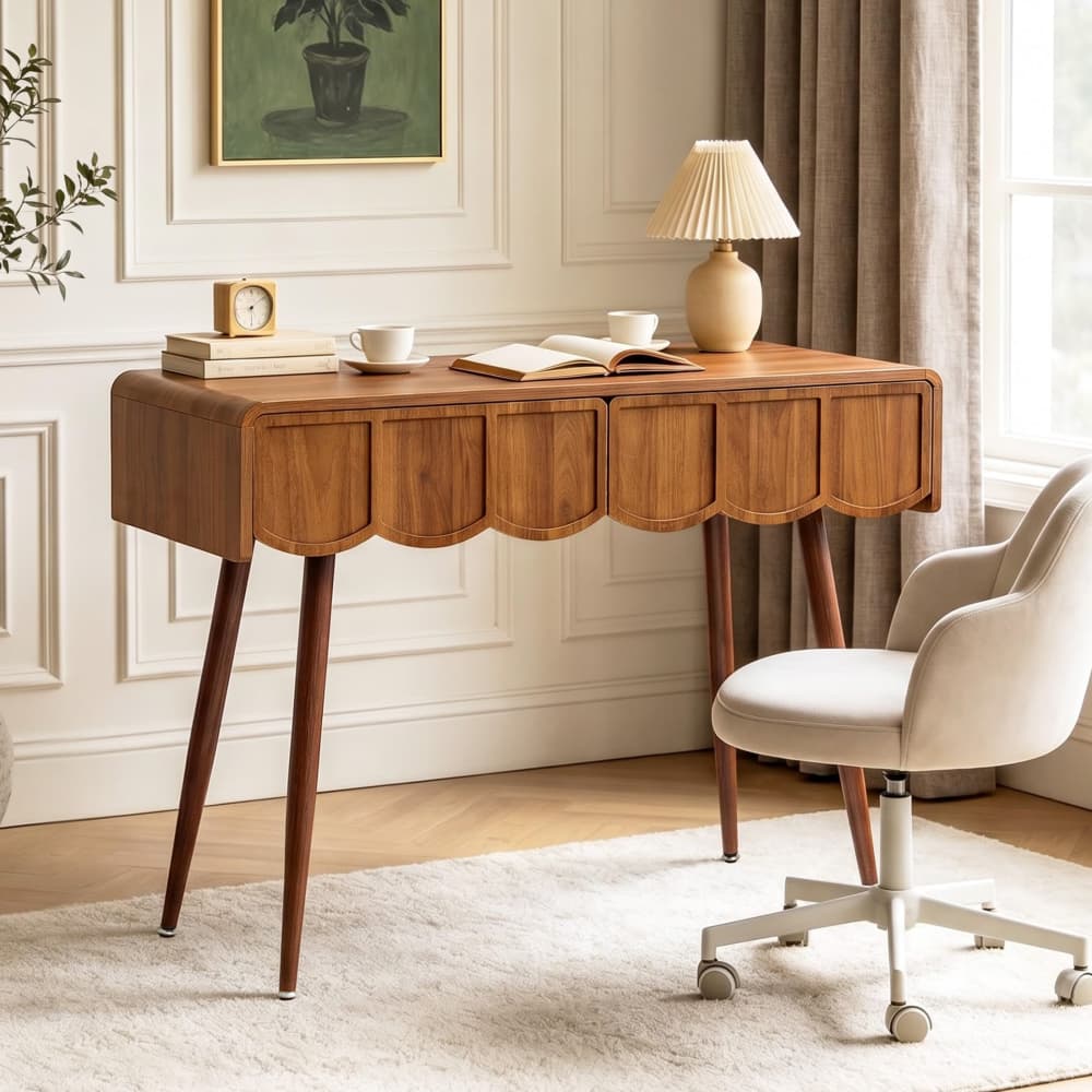 Walnut 39 Inch Modern Compact Small Computer Desk with Scalloped Drawers