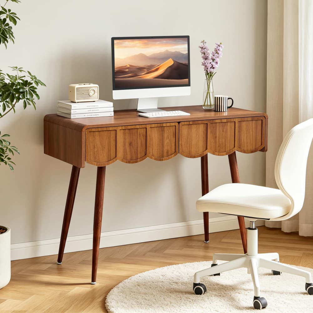 Walnut 39 Inch Modern Compact Small Computer Desk with Scalloped Drawers