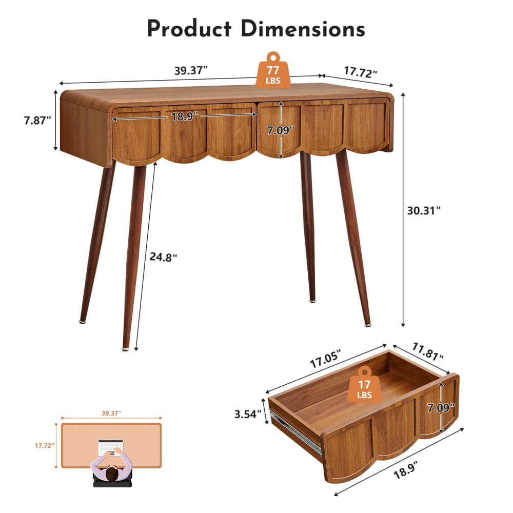 Walnut 39 Inch Modern Compact Small Computer Desk with Scalloped Drawers Size