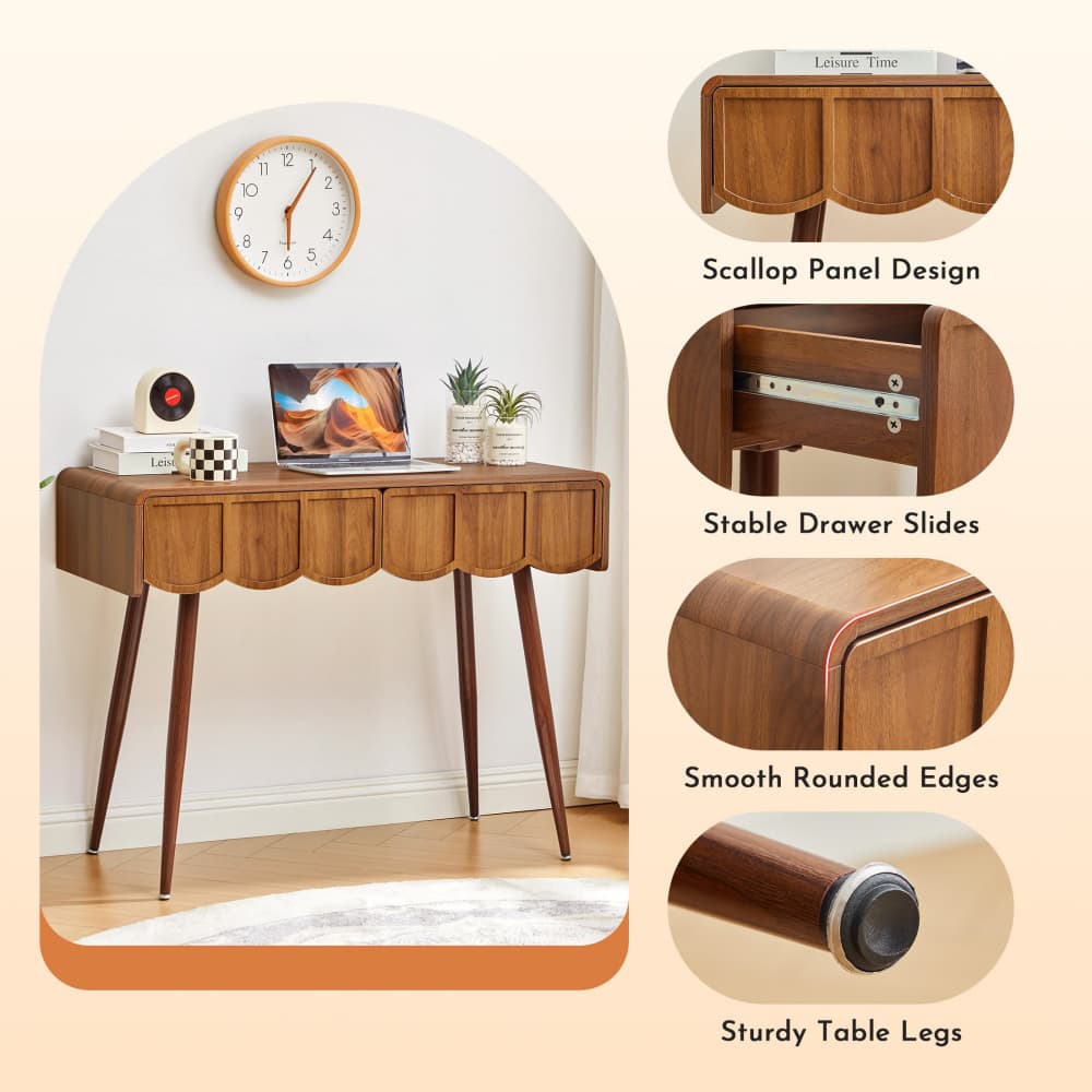 Walnut 39 Inch Modern Compact Small Computer Desk with Scalloped Drawers
