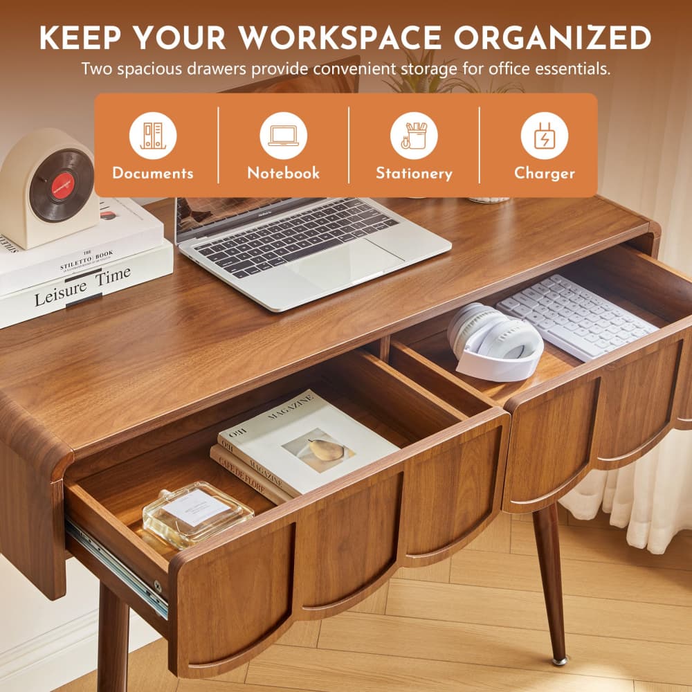 Walnut 39 Inch Modern Compact Small Computer Desk with Scalloped Drawers