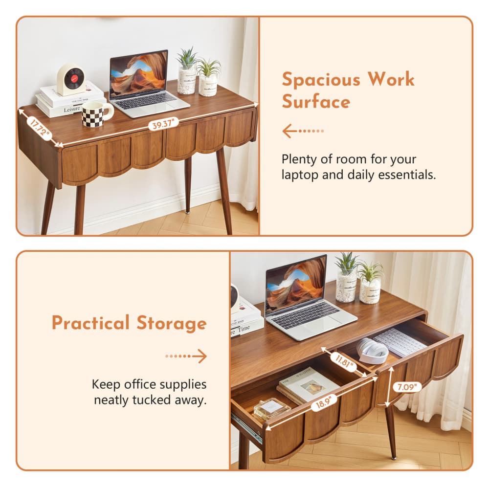 Walnut 39 Inch Modern Compact Small Computer Desk with Scalloped Drawers