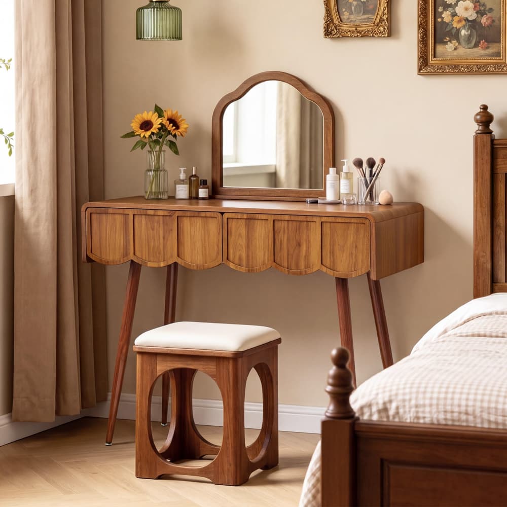 Walnut 39 Inch Modern Compact Small Computer Desk with Scalloped Drawers