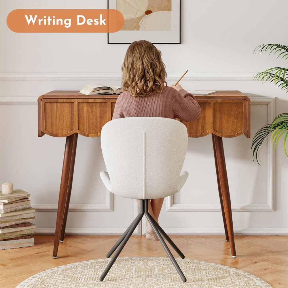 Walnut 39 Inch Modern Compact Small Computer Desk with Scalloped Drawers
