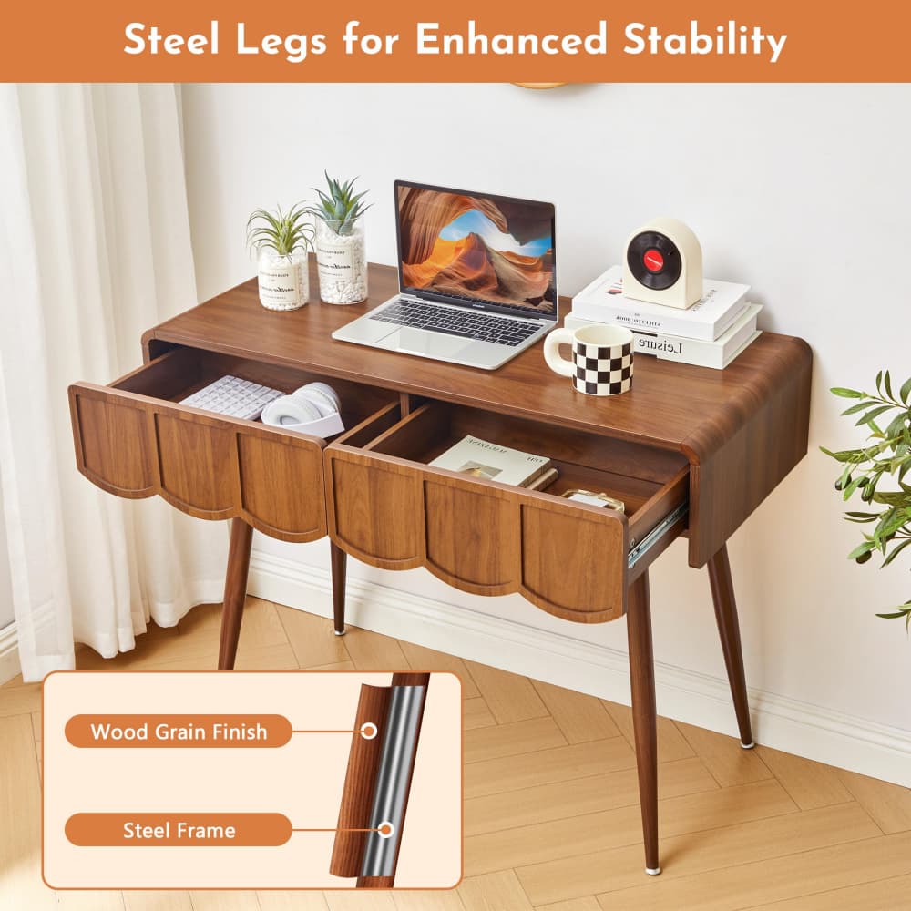 Walnut 39 Inch Modern Compact Small Computer Desk with Scalloped Drawers