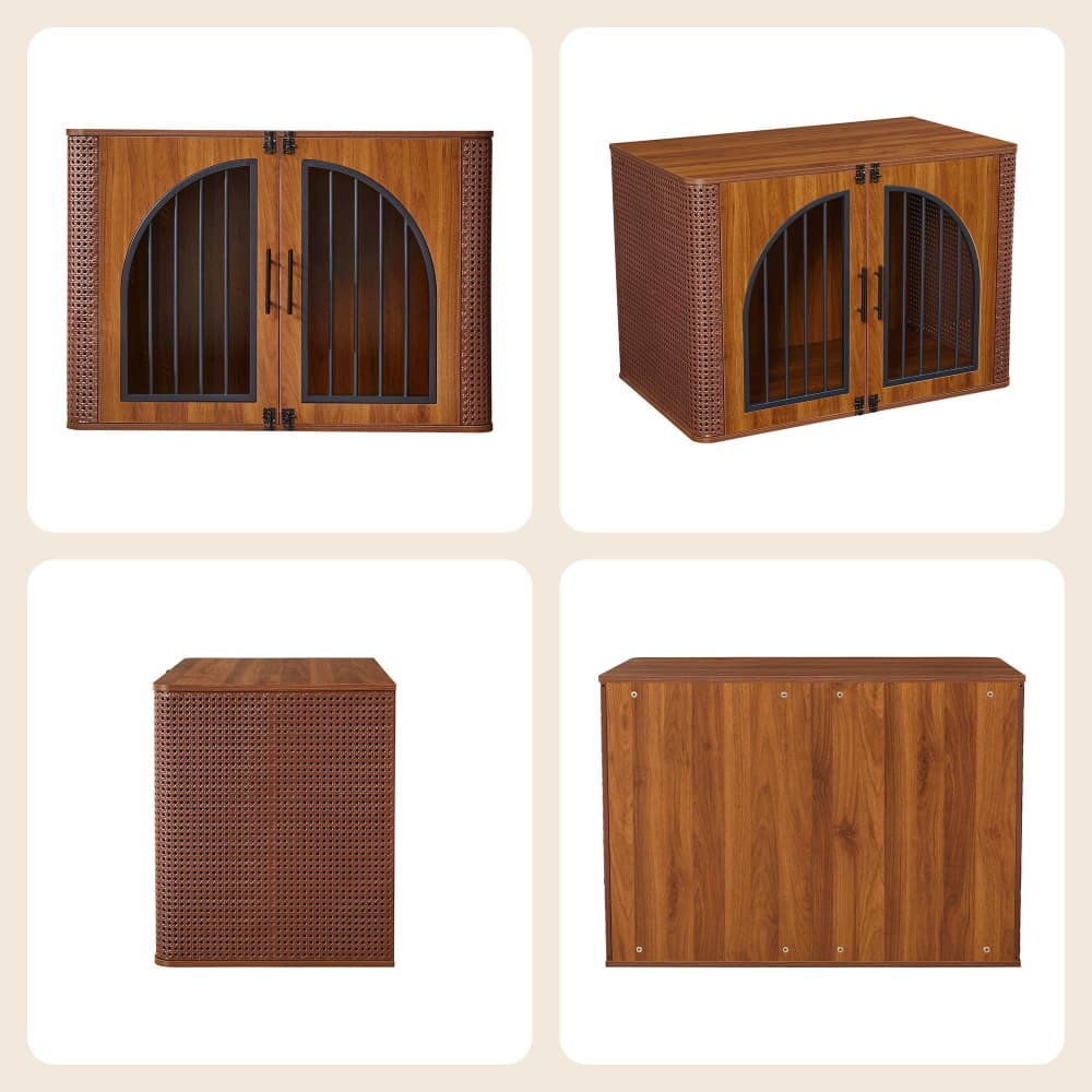 Walnut 39" Large Dog Crate Furniture Iron Rattan Wooden Heavy Duty Dog Kennel