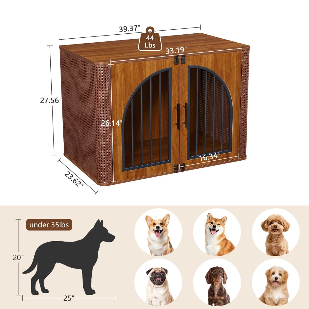 Walnut 39" Large Dog Crate Furniture Iron Rattan Wooden Heavy Duty Dog Kennel