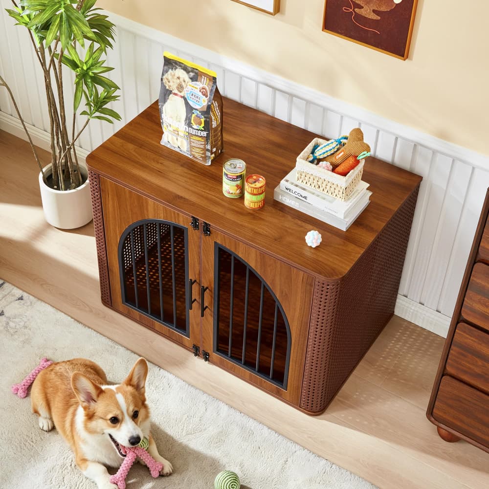 Walnut 39" Large Dog Crate Furniture Iron Rattan Wooden Heavy Duty Dog Kennel