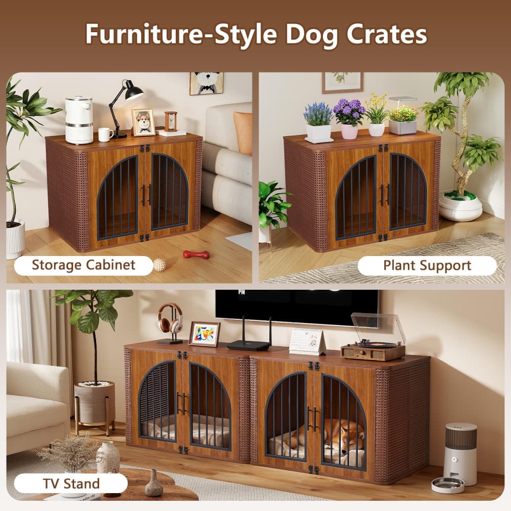 Walnut 39" Large Dog Crate Furniture Iron Rattan Wooden Heavy Duty Dog Kennel