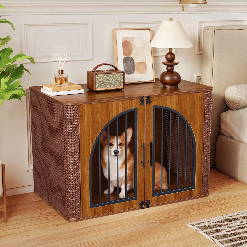 Walnut 39" Large Dog Crate Furniture Iron Rattan Wooden Heavy Duty Dog Kennel