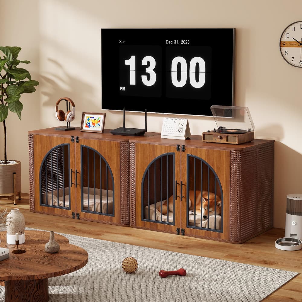 Walnut 39" Large Dog Crate Furniture Iron Rattan Wooden Heavy Duty Dog Kennel