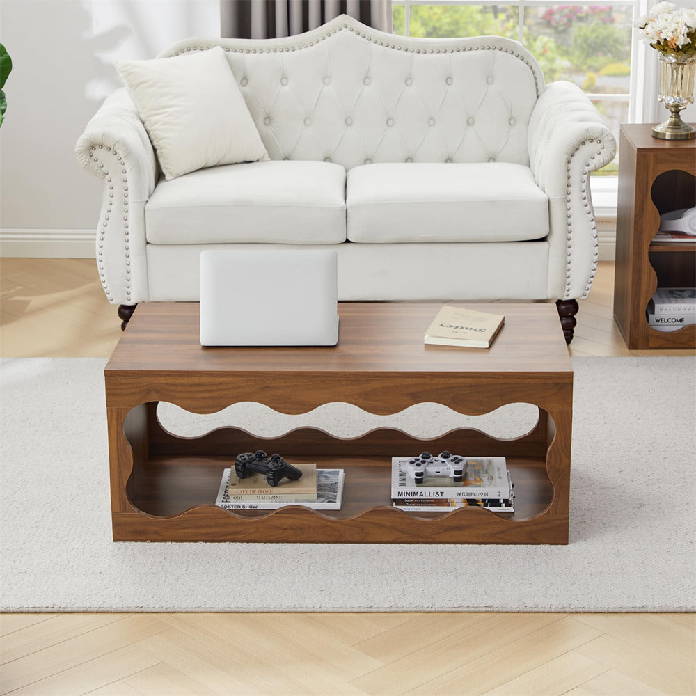 Wooden coffee table with decorative items in a living room setting