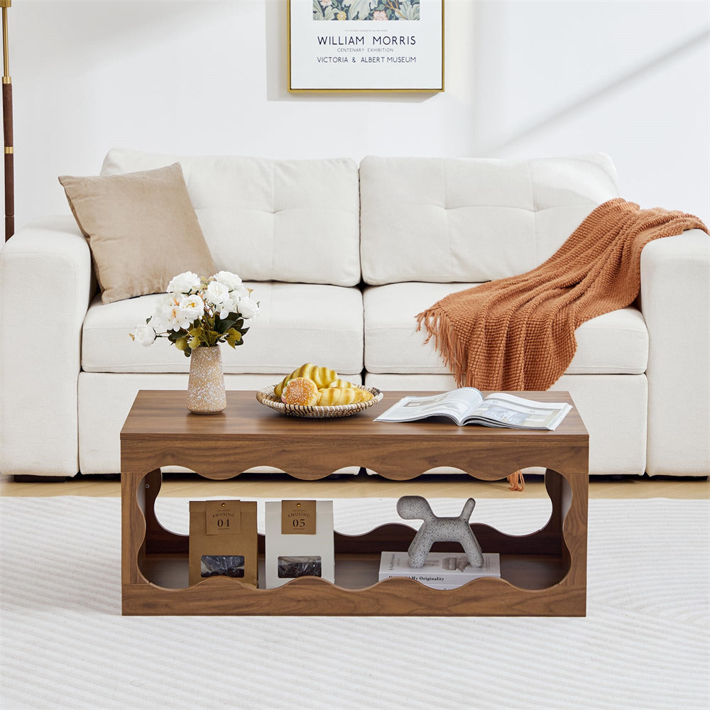 Wooden coffee table with decorative items in a living room setting
