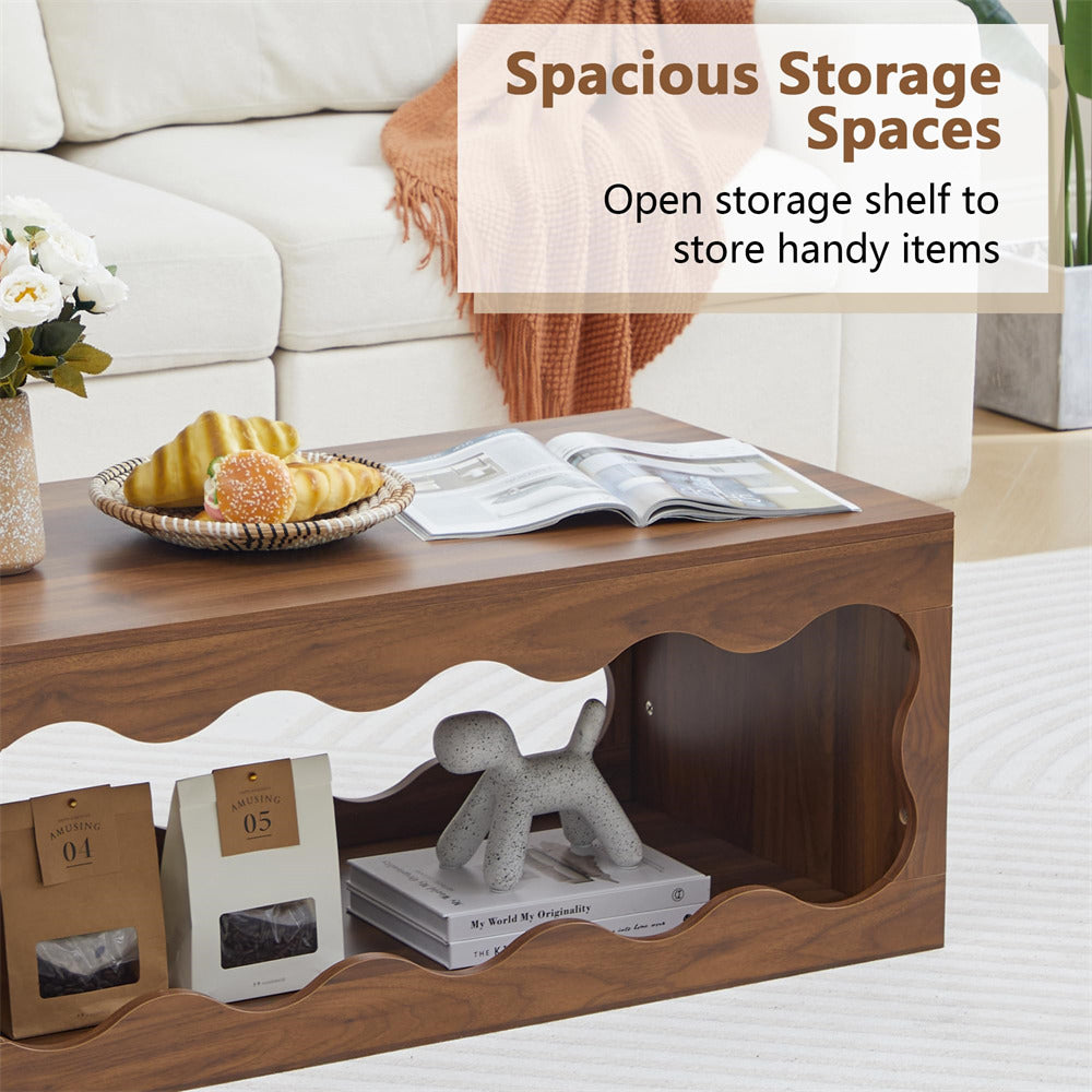 Wooden coffee table with storage compartments in a living room setting