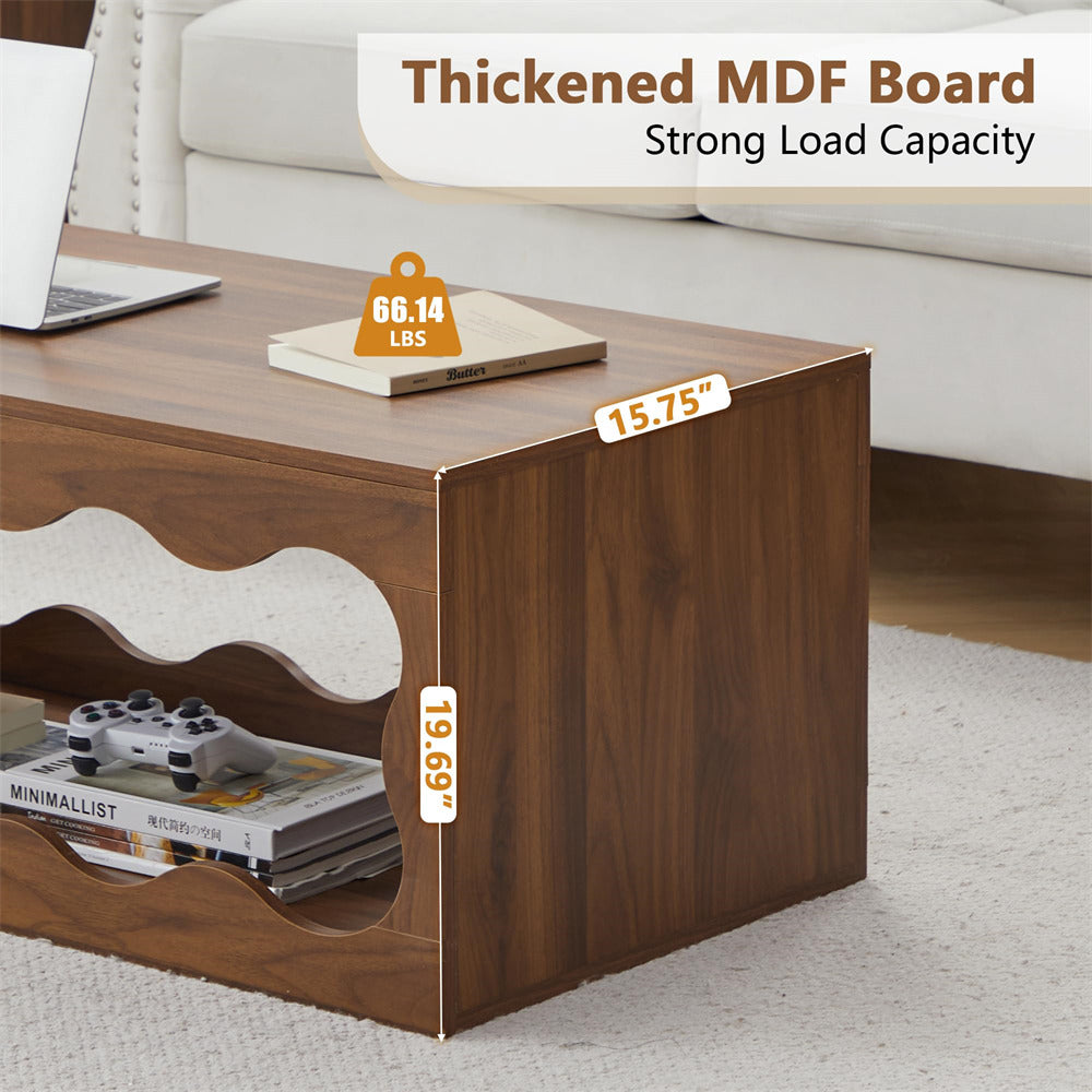 Wooden coffee table with measurements and text about thickened MDF board and strong load capacity.