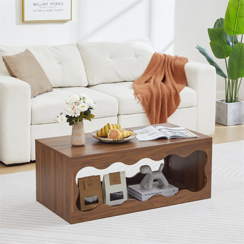 Wooden coffee table with decorative items in a living room setting