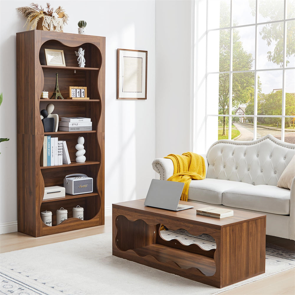 Living room with wooden bookshelf, coffee table, and sofa.