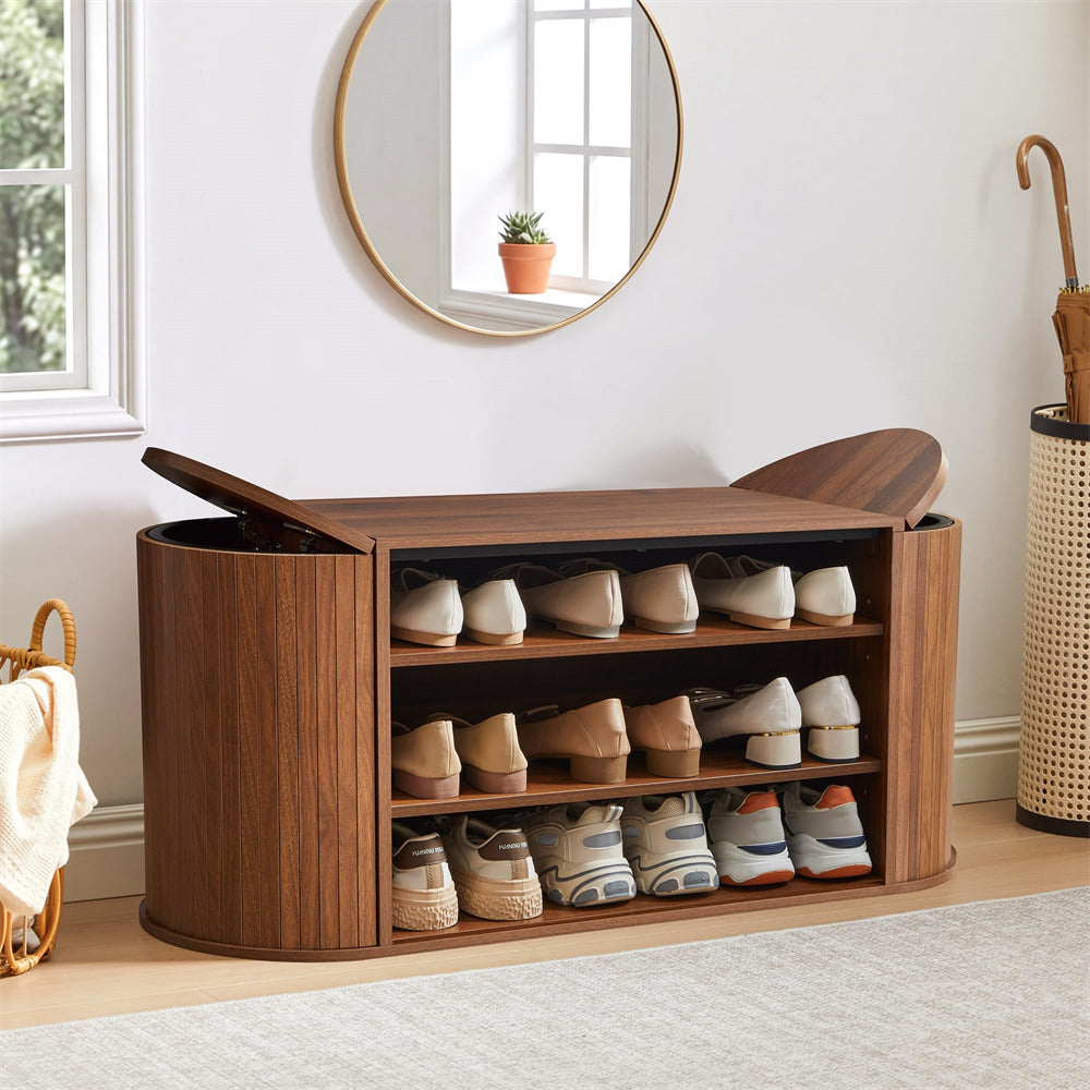 Walnut 39" Oval Entryway 3-Tier Wooden Shoe Bench with 2 Hidden Side Compartments