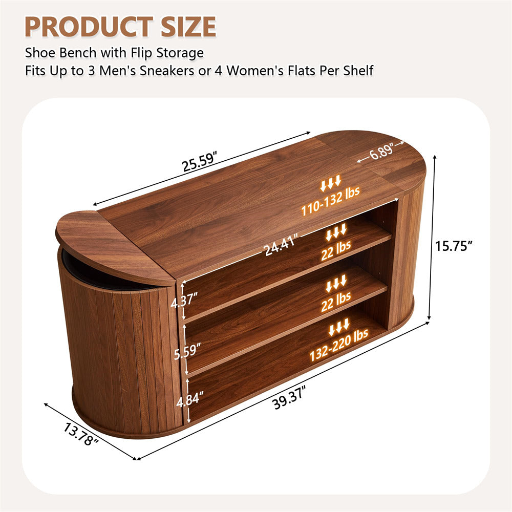 Walnut 39" Oval Entryway 3-Tier Wooden Shoe Bench with 2 Hidden Side Compartments