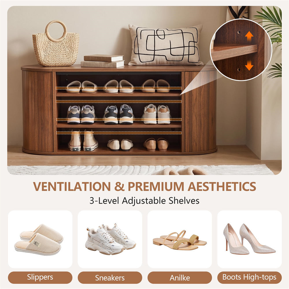 Walnut 39" Oval Entryway 3-Tier Wooden Shoe Bench with 2 Hidden Side Compartments