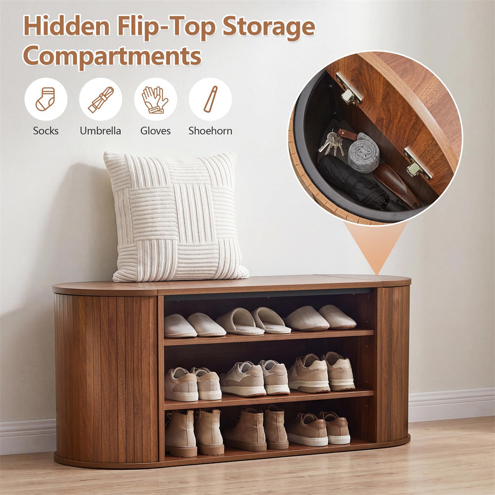 Walnut 39" Oval Entryway 3-Tier Wooden Shoe Bench with 2 Hidden Side Compartments