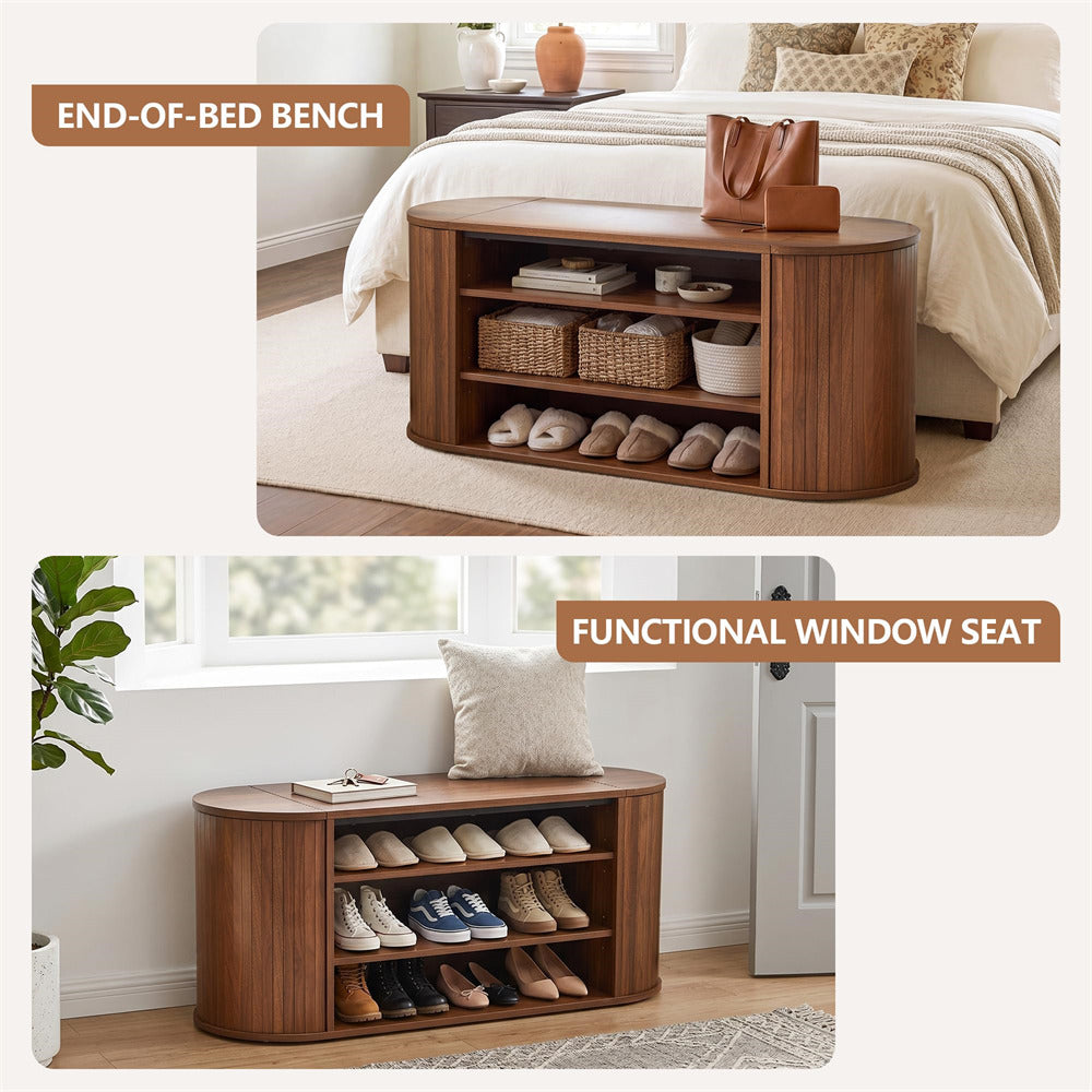 Walnut 39" Oval Entryway 3-Tier Wooden Shoe Bench with 2 Hidden Side Compartments