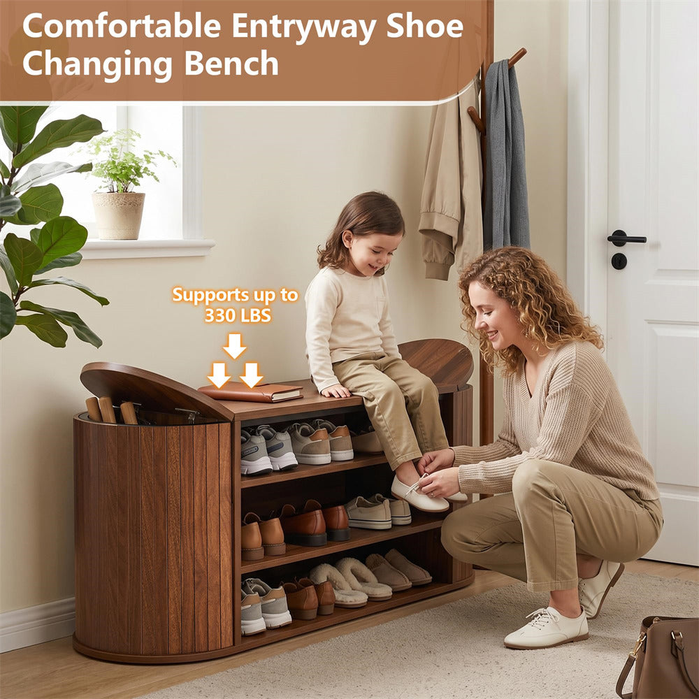 Walnut 39" Oval Entryway 3-Tier Wooden Shoe Bench with 2 Hidden Side Compartments