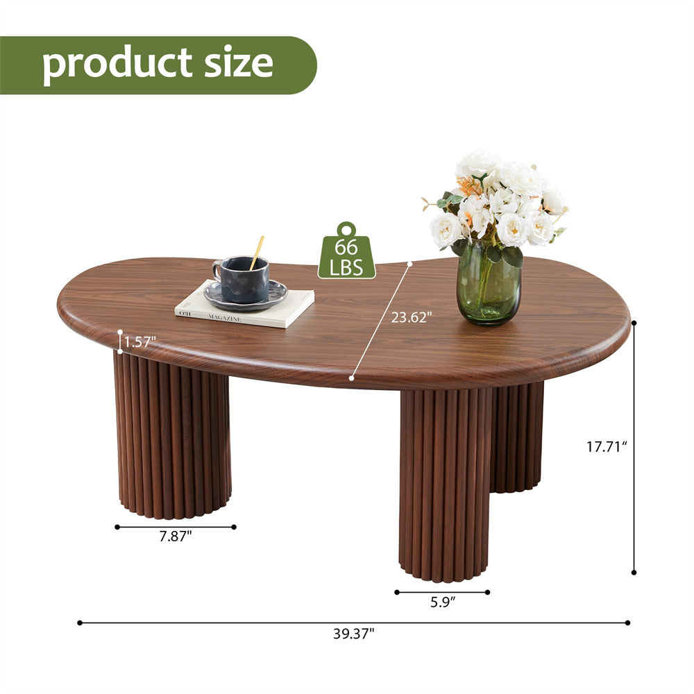 Wooden round table with measurements and product size label on a white background