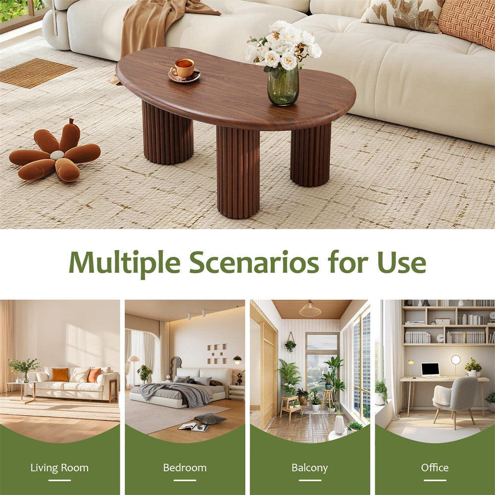 Wooden coffee table in a living room with decorative items, surrounded by images of the table in different rooms.