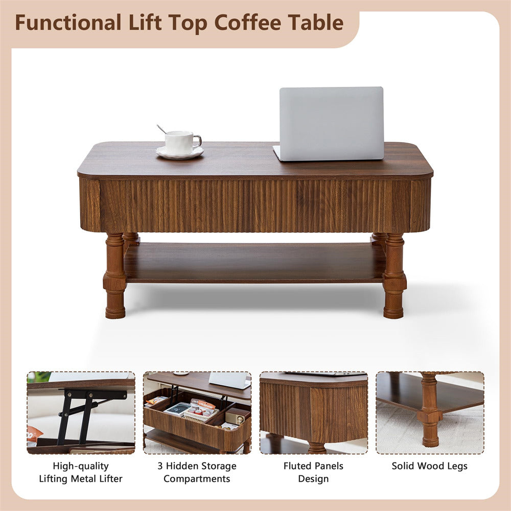 Wooden coffee table with lift-top feature, laptop, and cup on top, with inset images showing features.