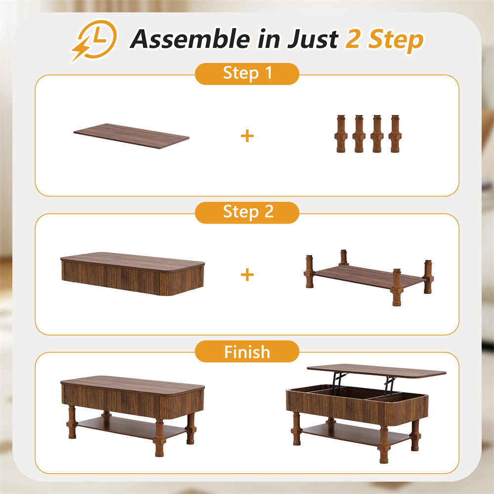 Step-by-step assembly guide for a wooden coffee table with lift-top feature.