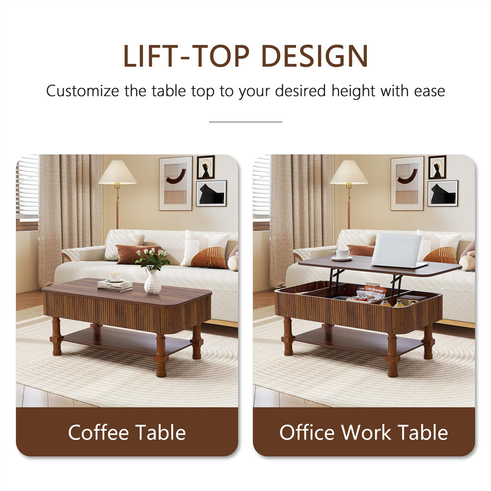 Coffee table and office work table with lift-top design in a living room setting.