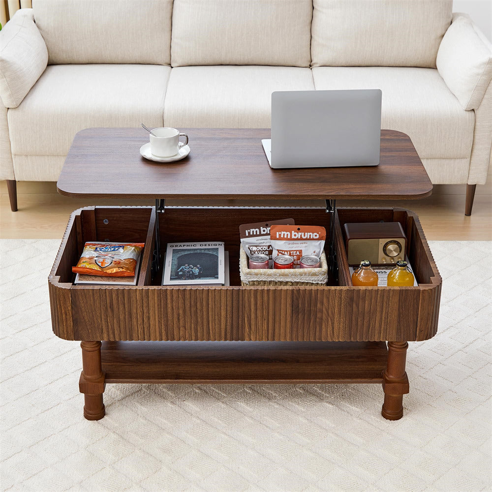Wooden coffee table with storage compartments in a living room setting.