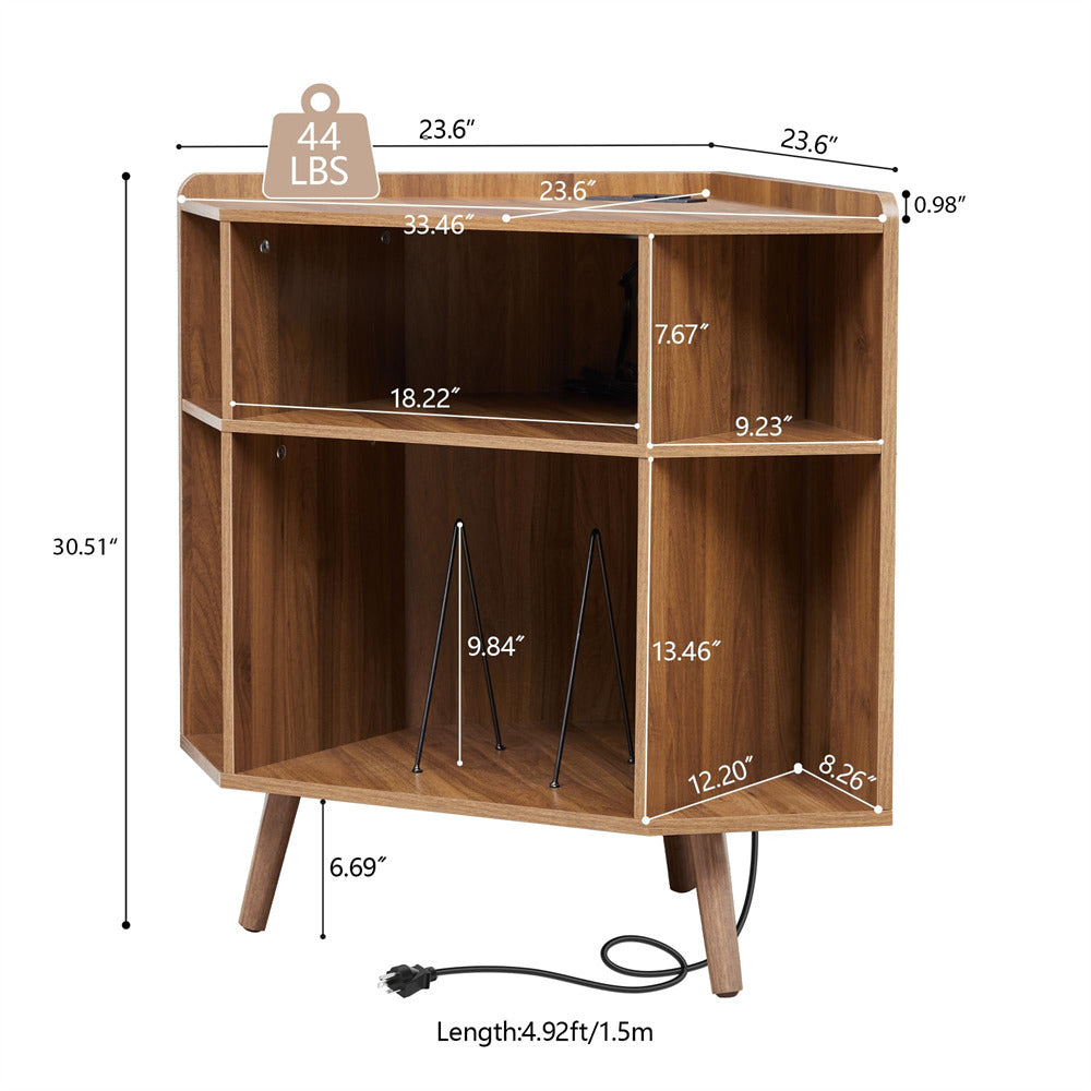 Walnut 3 Tier Mid Century Modern Corner Vinyl Record Player Stand with Charging Station & USB Ports