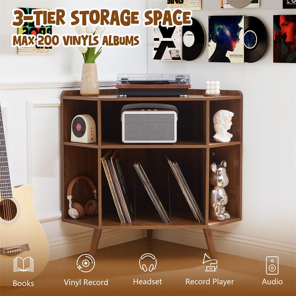 Walnut 3 Tier Mid Century Modern Corner Vinyl Record Player Stand with Charging Station & USB Ports