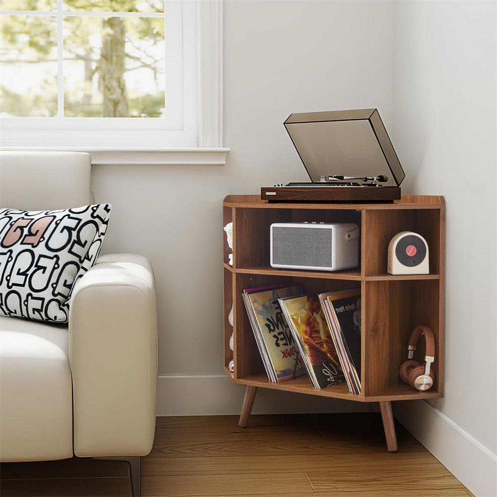Walnut 3 Tier Mid Century Modern Corner Vinyl Record Player Stand with Charging Station & USB Ports
