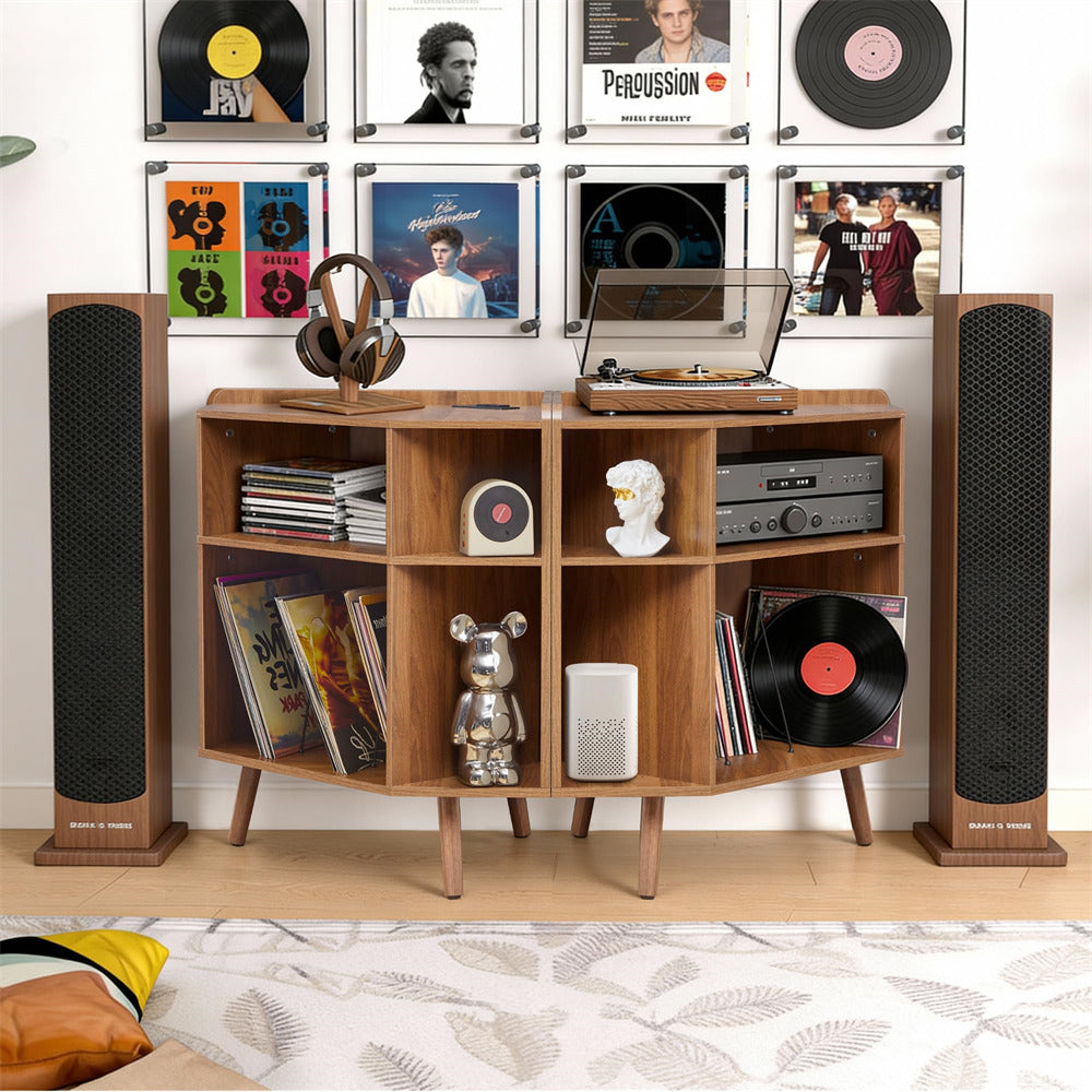 Walnut 3 Tier Mid Century Modern Corner Vinyl Record Player Stand with Charging Station & USB Ports