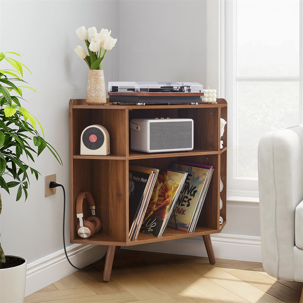 Walnut 3 Tier Mid Century Modern Corner Vinyl Record Player Stand with Charging Station & USB Ports