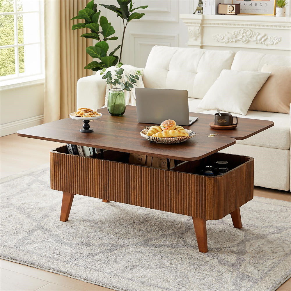Walnut 3 in 1 Convertible Fluted Lift Top Coffee Table with Storage