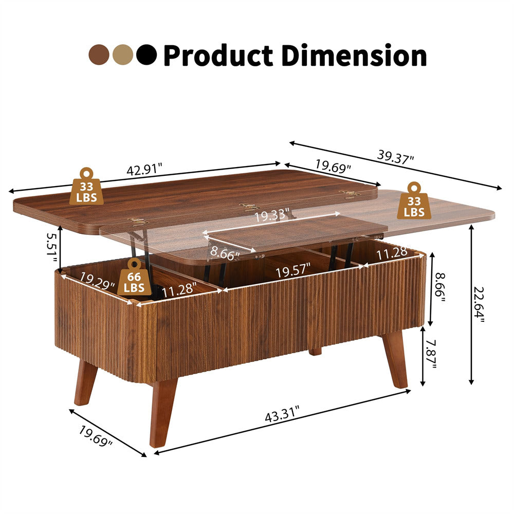 Walnut 3 in 1 Convertible Fluted Lift Top Coffee Table with Storage