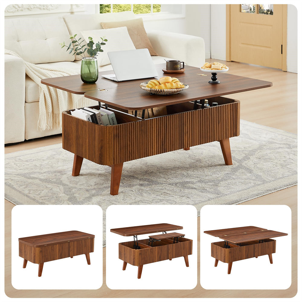 Walnut 3 in 1 Convertible Fluted Lift Top Coffee Table with Storage