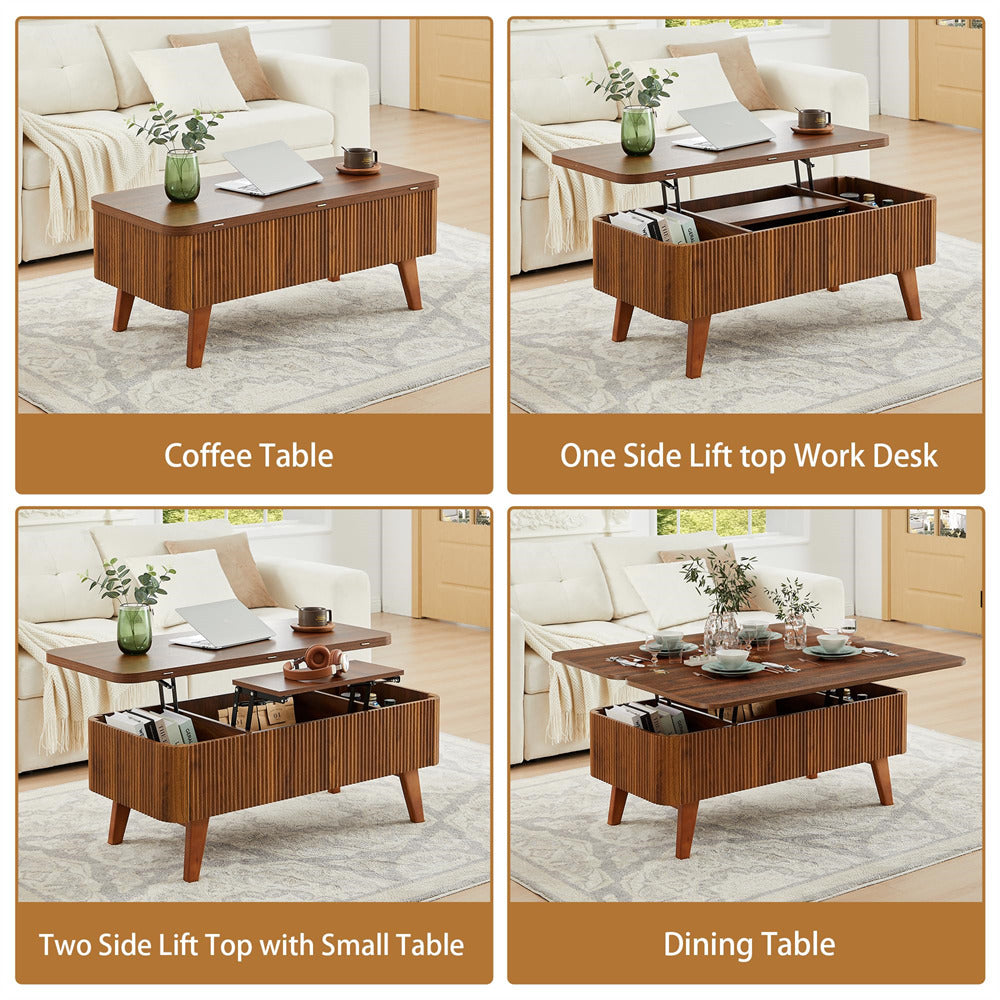 Walnut 3 in 1 Convertible Fluted Lift Top Coffee Table with Storage